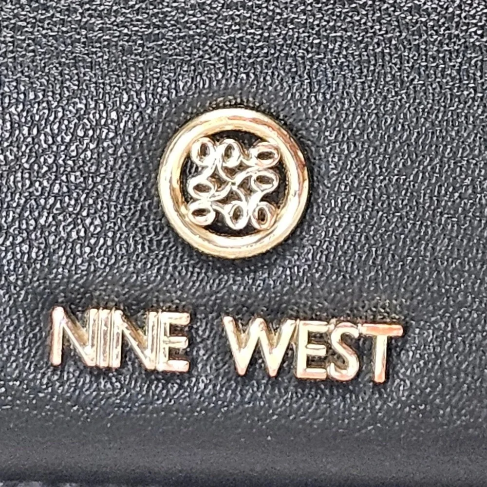Nine West Black Pebbled Faux Leather Satchel Bag Gold Hardware Three Compartment